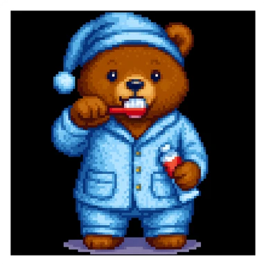 A bear in pajamas, pixel art style, brushing teeth, with a hat sticker