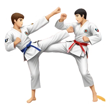 Two taekwondo fighters in a competition arena, one performing a high spinning kick towards the opponent’s head, while the other blocks with a precise guard. The background features a dynamic, bright arena with flags, emphasizing speed and agility in the martial art. Transparent background  sticker