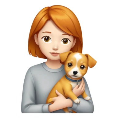 an asian girl with ginger hair, holding a yellow terrior dog sticker