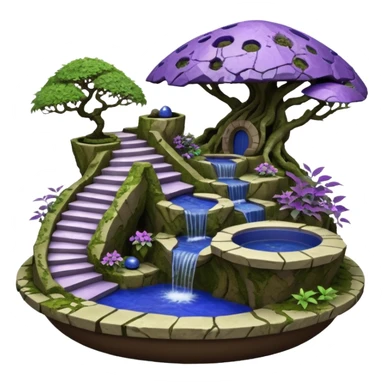 Alien saucer house jungle-vines stairway fountain mountain-island landscape antique mudman very old broken cracked intricate Stone Age lapis-crusted irregular dodecagon-shaped shallow dark moss rough bark violet serissa flowered maple tree bonsai pot sticker