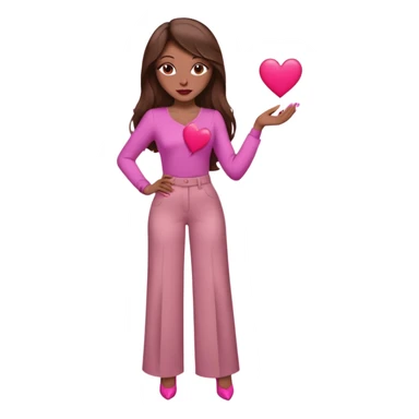  emoji, inspired with brunette hair, brown eyes, long hair, heart shape lips and pink make up  and pink nails, mauve pink blush and brown wide leg pants, burgundy shoulder drop shirt, brown heels , princess hair, brown heels, no floating hearts  sticker