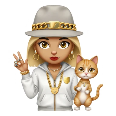 female cat wearing Run DMC hip-hop outfit with tracksuit, fedora, Adidas sneakers, many gold chains, rings, bracelets, flashy earrings, eyes averted, talking to a friend, no sunglasses sticker