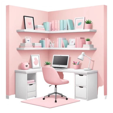 Pastel pink dorm room study corner with white shelves and minimal decor sticker