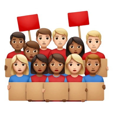 a crowd of people with unhappy faces and holding placards on which everything is crossed out in red sticker