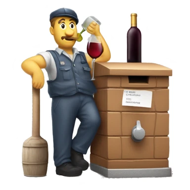 Drunken postman leaning against mailbox with wine decanter sticker