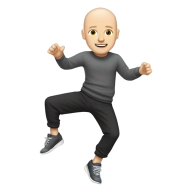 a bald white man, with a black sweater and gray jogging pants and dancing shoes sticker