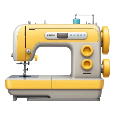 Emoji of a modern sewing machine inspired by a Brother machine. Soft, rounded shapes in the style of Apple emojis, with subtle gradients and soft shadows. White body with light gray details, a yellow spool on top sticker