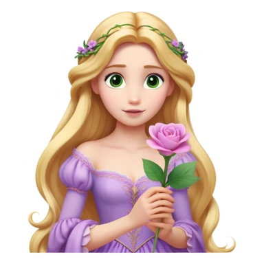 Cinematic Realistic Rapunzel Portrait, with porcelain-like skin featuring a subtle, natural glow, illuminated by soft lighting that brings out the gentle contours of her face. Her long, golden blonde hair cascades in detailed waves, each strand highlighted with a radiant shimmer as it catches the light. She playfully holds a flower in one hand, her other hand resting casually in her lap, with a warm and spirited expression. Her bright, expressive green eyes exude curiosity and warmth, framed by delicate lashes and soft, arched brows. She is dressed in her classic lavender and pink gown, the fabric textured with delicate folds that flow naturally, catching the light with a soft, radiant glow. The portrait captures a luminous, enchanting aura, seamlessly blending realism with a whimsical, fairytale charm, evoking a timeless sense of beauty and magic. sticker