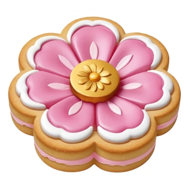 Realistic shortbread cookie in the shape of a camilia flower with pastel pink color jelly middle filling andkled powder sugar on top.emoj sprini sticker