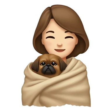 A Women with brown hair is cradling her Pekingese in a beige blanket sticker