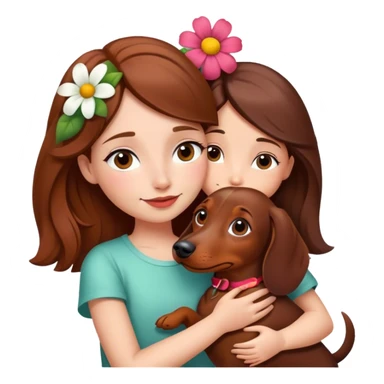 Dachshund hugging a girl with brown hair and a flower in her hair sticker