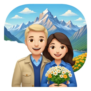 Couple  laughing traveling russian man and elegant  Latina girl delicate flowers and mountains in the background  sticker