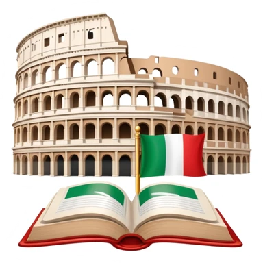 An icon featuring the Colosseum and the flag of Italy, symbolizing the Italian language. The design includes an open book with Italian phrases and a gondola, representing language learning and cultural exploration. Transparent background sticker