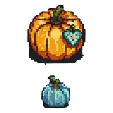 heart with a small mushroom on the left and a pumpkin on the right, vibrant colors, pixel art style sticker