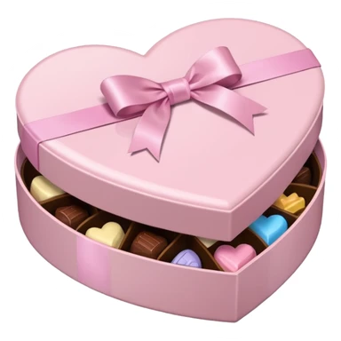 pale pink heart box, open to reveal assorted chocolates, pale pink ribbon sticker