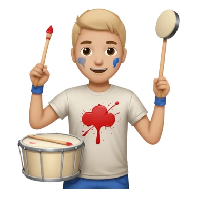 A loud fan, simple tee shirt with paint on his cheeks with a marching drum, beating it with enthusiasm sticker