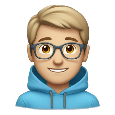 boy wearing a blue hoodie with light brown short hair wearing grey glasses and he has a cute smile, light blue-grey eyes and hearts around him. sticker
