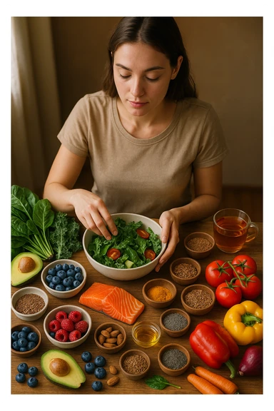 A realistic, cinematic flat-lay image of a clean wooden kitchen table filled with fresh, colorful whole foods known to help reduce androgen excess naturally. The table includes leafy greens like spinach and kale, avocados, berries, colorful vegetables, nuts, seeds (chia and flaxseeds), wild-caught salmon, and herbal teas, carefully arranged in an aesthetically pleasing, organized manner. A small glass bowl with olive oil and another with turmeric powder are included, emphasizing anti-inflammatory properties. In the scene, a young woman with clear, healthy skin and a calm expression is preparing a bowl with these ingredients, symbolizing a hormone-balancing diet. Warm, natural daylight streams in, creating a cozy and inviting atmosphere. The style is hyper-realistic 35mm photography, with vibrant yet soft colors, showcasing textures of the fresh produce and the peaceful vibe of using nutrition to support hormonal balance in italiano sticker