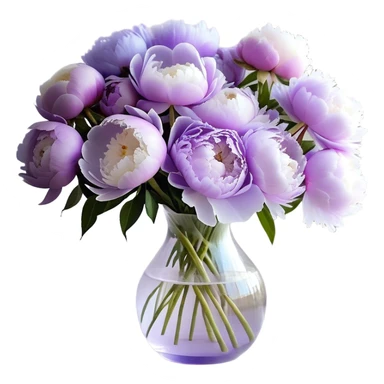 "A bouquet of peonies in soft shades of light purple, lilac, and icy lavender is arranged in a delicate, translucent glass vase with a pale violet tint. The petals, gently layered and slightly ruffled, spill over the edges, creating a sense of fullness. A silky, pastel purple ribbon is tied around the vase, with its ends cascading down in soft folds."
 sticker