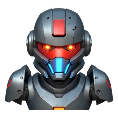 futuristic war robot portrait, head and shoulders only, aggressive design, sharp armor edges, glowing red eyes, battle-damaged helmet faceplate, heavy armor collar, intense dramatic lighting, sci-fi metal textures, 3D cartoon, mobile game icon style, clean background, no text, no watermark
 sticker
