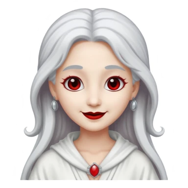 vull un perosnatge estil bimoji que sigui com una nimfa bella i fantasmal amb túniques blanques. Té la pell literalments blanca com el guix, cabell platejat, un nas llarg, ulls negres grans i llavis carmesí. que estigui somrient sense arrecades  sticker