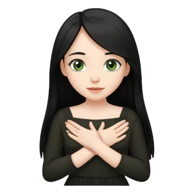 Pale girl with long black hair and olive green eyes soft smile wearing black dress and holding hands over her chest sticker