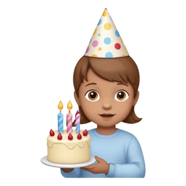 with brown hair cute baby wearing birthday hat with birthday cake sticker