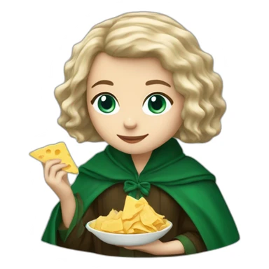 Blue eyes Slytherin girl with short wavy ash blonde bob hair eating chips and cheese hogwarts robe sticker