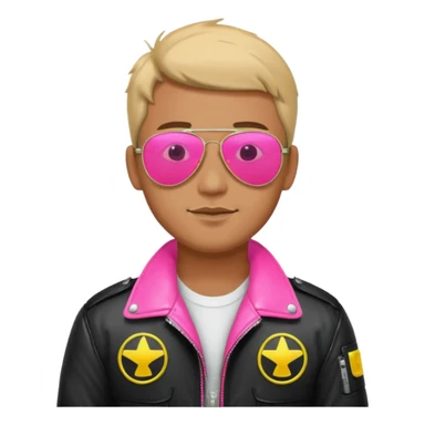 1980s man wearing reflective neon pink aviator sunglasses and a pilot jacket sticker