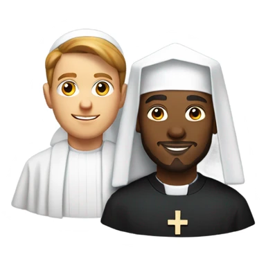 a young caucasian priest with a reddish beard and an african american nun side by side sticker