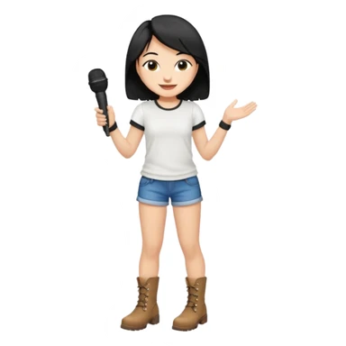 Crie uma cantora morena charmosa de shortes top e bota com microfone branca e cabelo preto sticker