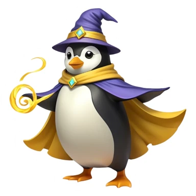"A wizard penguin with a yellow hat and a long, flowing cape. The penguin is floating slightly above the ground, surrounded by swirling magical energy and glowing runes in the airyellow wizard hat sticker