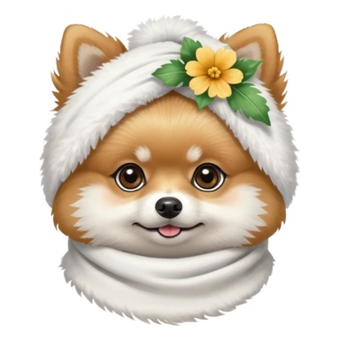 Pomeranian with a white scarf with flowers painted on it on his head sticker