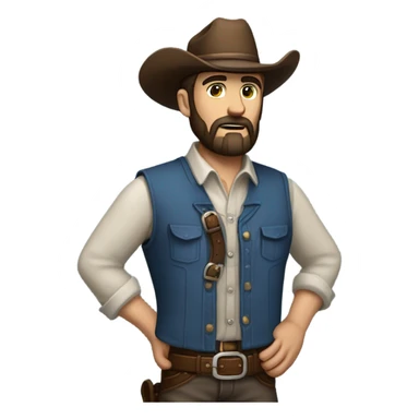 a rugged cowboy with a thick beard, wearing a blue vest over a classic western shirt and a brown belt with a silver buckle. He should have a confident stance, exuding a strong and adventurous frontier spirit. sticker