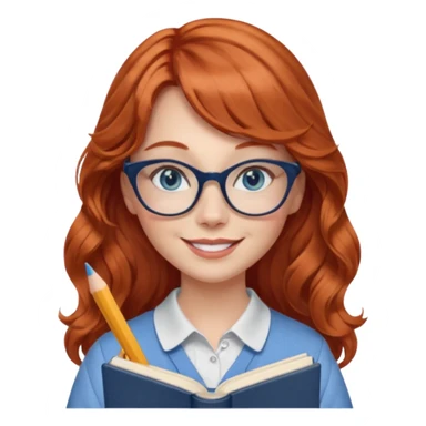 redheaded woman with very long wavy hair and bangs, blue eyes, clear cat-eye glasses, casual chic French teacher outfit, holding a pencil and a French textbook, smiling sticker