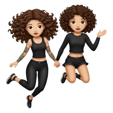 cauldron burst — long wavy brown hair tattooed woman and short tight curly brown hair woman — jumping back sticker