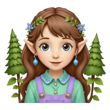 Kind happy whimsical quirky Girl toymaker, wood carving elf. Woodland nature creator. Blue eyes. brown hair (just below chin length) wavy hair & bangs. Whimsical playful cute. Overalls with nature embroidered cute shirt collar. Light green, light purple and light blue colour aesthetic  sticker