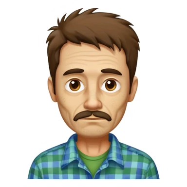 Skinny Hispanic man, 55 years old with light skin. Gaunt face with visible bone structure. Messy, tousled brown hair. Patchy brown beard that needs trimming. Tired eyes. Wearing an oversized green and blue checkered shirt on his thin frame. sticker