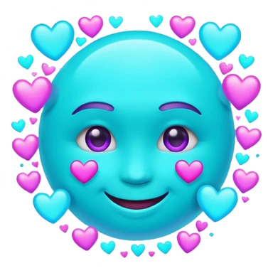 futuristic glowing emoji face smiling with floating neon hearts, purple and cyan holographic light, dark background sticker