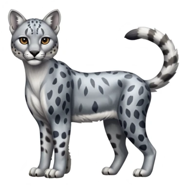 Realistic patterned marked edgy greyish blackish whitish silvery Shiny Colorful Glossy Cougar-Snow-Leopard-Caracal-Lioness-Bobcat-fusion-animal-hybrid-creature, full body, tufted ears, long thin tufted tail sticker