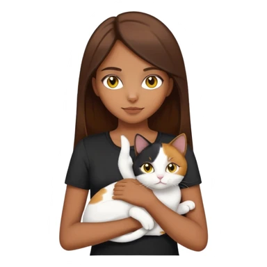 Brown straight-haired girl wearing black top with a pure white cat with yellow eyes and a calico cat sticker