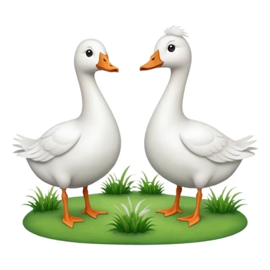 white geese standing on a small green hill, front view, foggy sticker