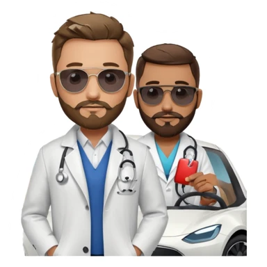 White tesla model 3 and one cool physician with dark blond hair, beard, stetoscope and dark sunglasses next to it sticker
