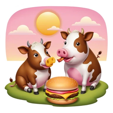 Cow eating a cheese burger sitting next to a pig eating a piece of bacon while watching the sunset sticker