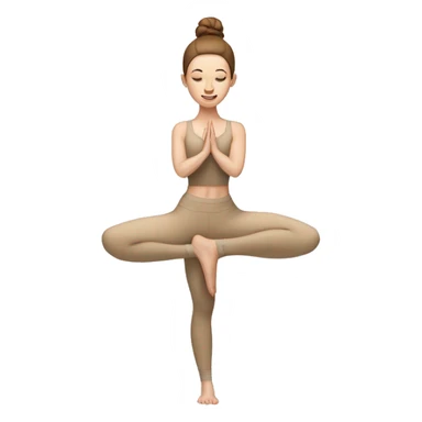 Pale skinned fit women in a beige tight yoga suit and wristbands with brown hair in a bun doing yoga sticker