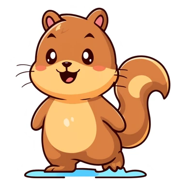 Cartoon squirrel with light brown fur, pointy ears, bushy tail, chubby cheeks with a large puddle of drool dripping from wide open mouth, extremely hungry sticker