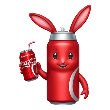 Red soda can as its head and a body resembling a bottle can . The can has large, friendly eyes and a smiling facial expression. The character’s bunny long ears are also red, and it has sliver accents on either side. The body displays the Coca-Cola logo prominently. sticker
