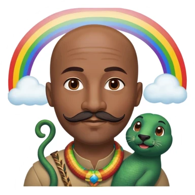 Oxumarê as a happy 37-year-old bald man with very dark skin tone, smooth oval head, indigenous facial features, mustache with circular beard only on chin (no hair on sides), a round mole on the right side below the lip, accompanied by a rainbow serpent, Memoji style sticker
