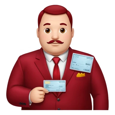 big fat guy bold head in dark red velvet suit holding cheque sticker