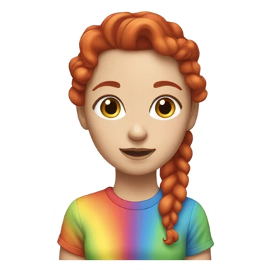 "A white woman with lengthy red curls in a ponytail, wearing a rainbow cat shirt, being cute." sticker